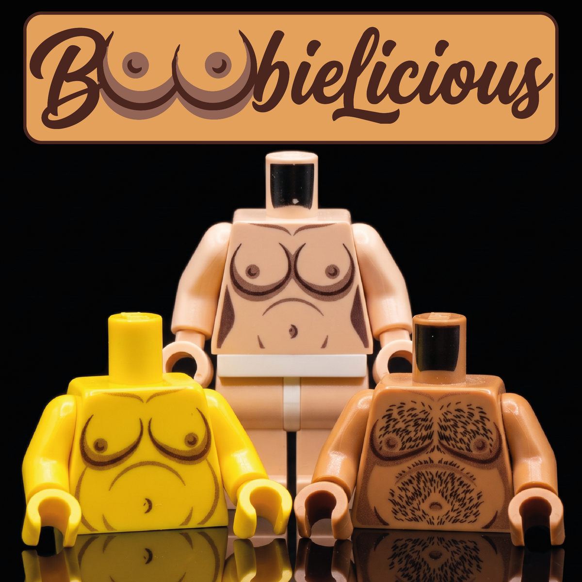 Three custom printed minifigure torsos featuring female and male chests in various skin tones.