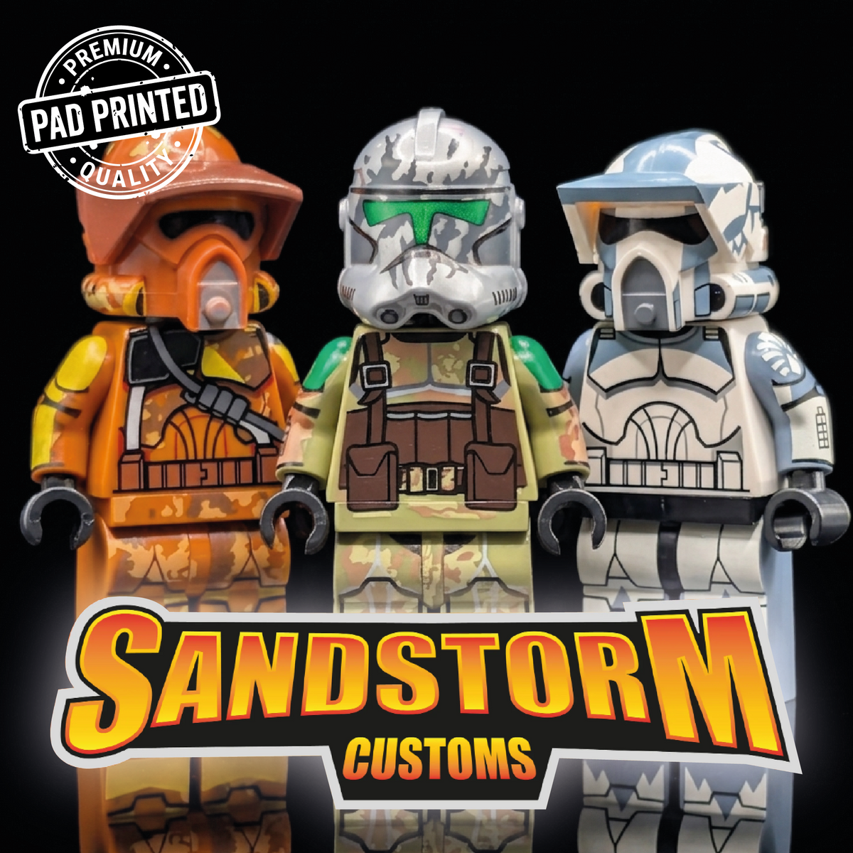Three custom pad-printed sci-fi soldier minifigures in desert camouflage by Sandstorm Customs.